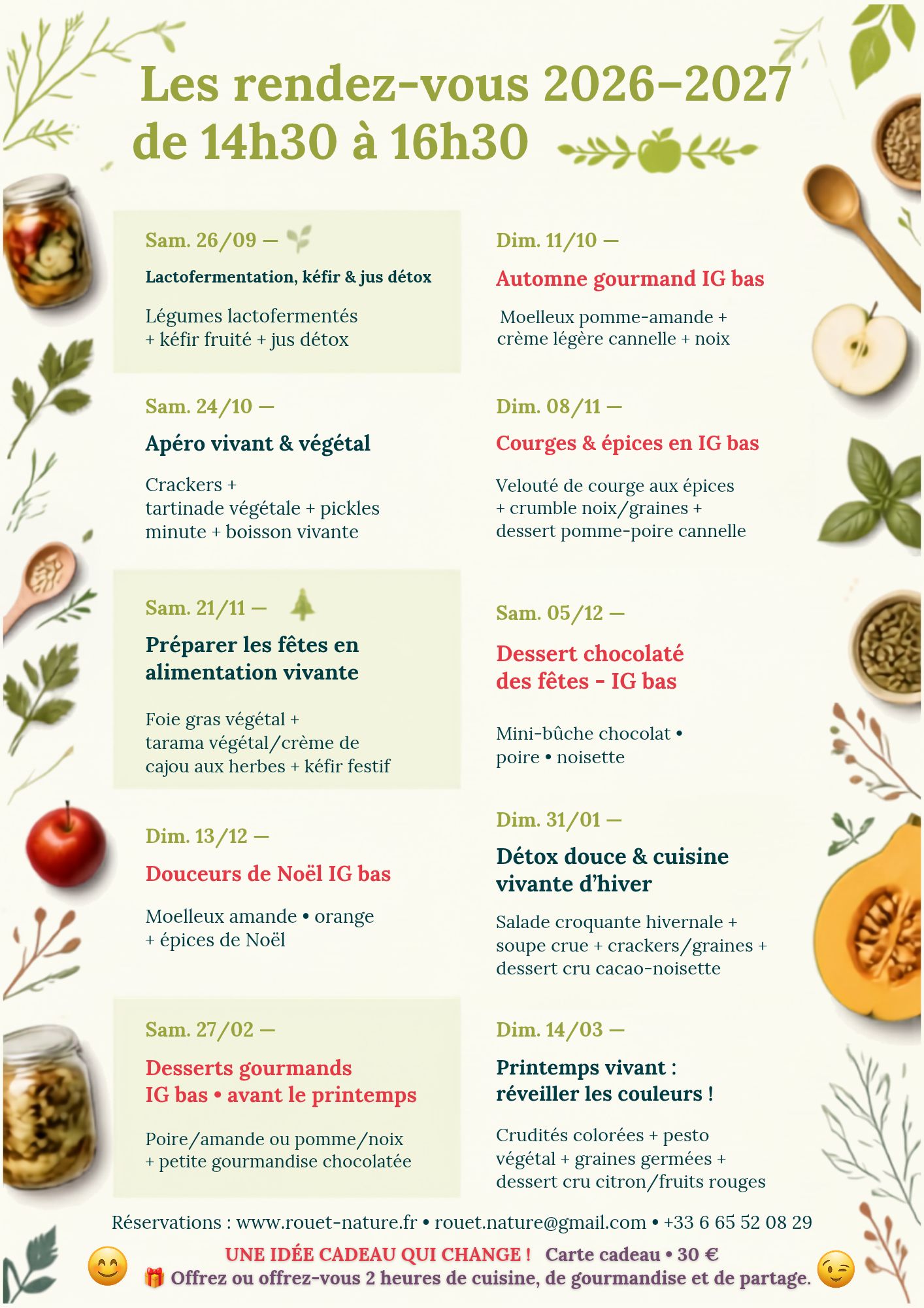 Ateliers Justecru • Cuisine vivante & IG bas Flyer des ateliers Justecru de cuisine vivante et à IG bas en Aveyron avec Annabelle